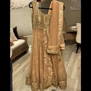 Gold Indian Sari hand stitched size Medium with matching Gold Shaw